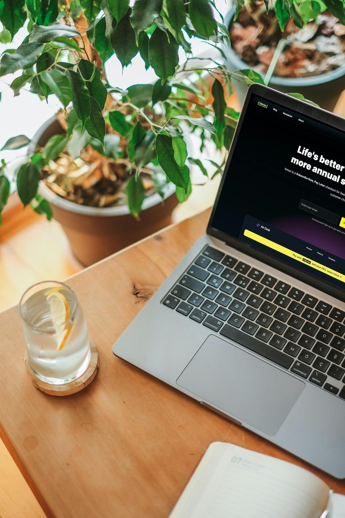 lemon website on laptop next to a glass with a lemon in it.